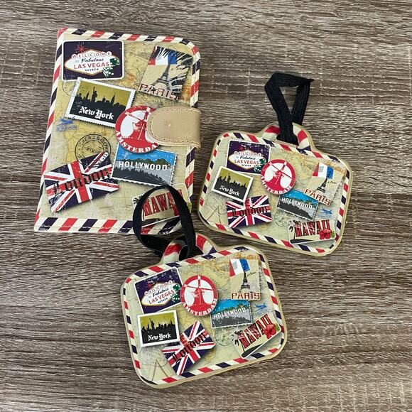 3pc Passport Holder & Luggage Tag Set Travel Icons New York London Paris Print - Picture 2 of 8